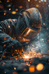 Skilled worker welding metal components with sparks flying in an industrial workshop.