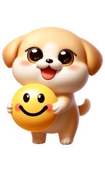 ニコちゃんマークを持った犬