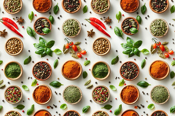 A seamless pattern of different types and colors of fresh spices on a white background