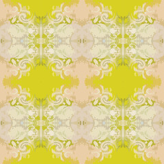 Vector, seamless geometric, abstract shapes and colors pattern of aged white ornament on yellow background. Created from my painting details