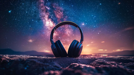 A pair of headphones on a night sky background with stars, for a cosmic listening journey.