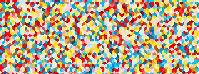 Geometric wallpaper made from cubes with the illusion of depth in a seamless pattern. Vintage red, yellow and blue vector background. Futuristic optical bg