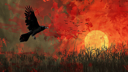 An artistic rendering of a corn field during sunset, with the dark figure of a crow in flight, contrasting against the abstract patterns and colors of the twilight sky