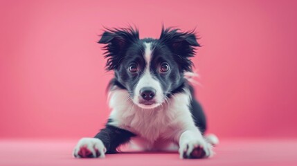 A black and white dog with white paws is laying on a pink background