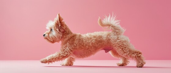 A small dog is running on a pink background
