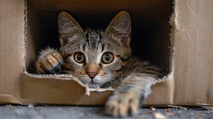 Picture a cat feeling playful, darting in and out of a cardboard box