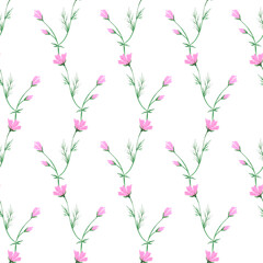 Hand drawn watercolor pink wildflowers seamless pattern isolated on white background. Can be used for fabric, wrapping, textile and other printed products.