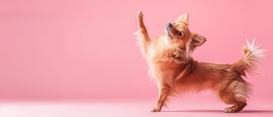 A dog is standing on a pink background and is waving its paw