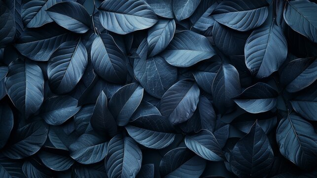 An intricate pattern of dark blue leaves filling the entire image frame