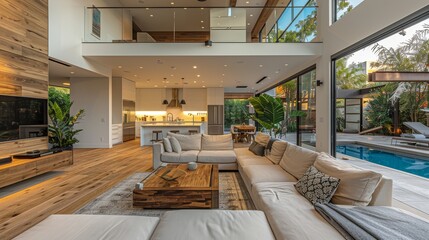 Open-plan interior featuring a bright living area with beautiful pool views, connecting to a modern kitchen