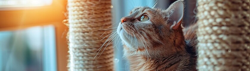 Fototapeta premium See a cat feeling adventurous, climbing to the top of a tall cat tree