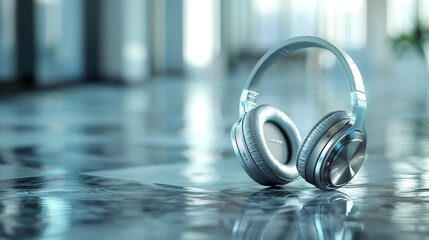 A pair of headphones on a silver grey canvas with a metallic luster, sleek and high-tech.