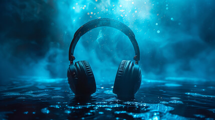 A pair of headphones on a deep sea blue background with a shimmer of light, deep and mysterious.