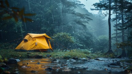 Yellow camping tent lit from inside in a lush forest during a tranquil rainy evening