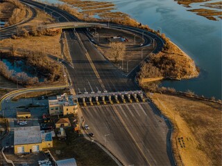 Aerial view of The Atlantic Beach Bridge, during a golden sunrise