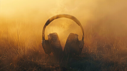 A pair of headphones on a soft beige background, a gentle mist suggesting a natural soundscape.