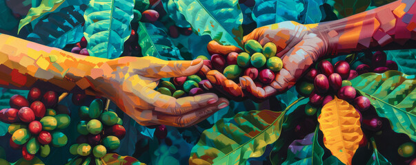 A close-up of a group of hands reaching out to touch a coffee tree laden with ripe coffee beans, rendered in an abstract style with bold colors and dynamic lines