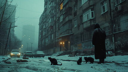 Man and black cats in snowy urban scene with brutalist architecture and car headlights
