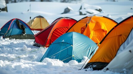 Close-up of various colorful tents in a snowy field, showcasing a perfect outdoor camping setup, vivid colors against the white snow