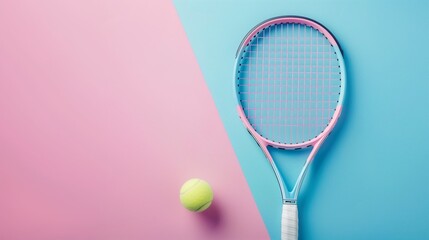 Pink and blue background with a racket and a tennis ball. A backdrop with space for sports-themed text. Lawn Tennis Championships