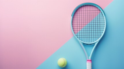 Pink and blue background with a racket and a tennis ball. A backdrop with space for sports-themed...