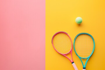 Orange and pink background with two rackets and a tennis ball. A backdrop with space for...