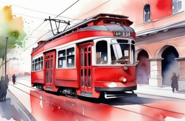 Red old tram in old city. watercolor illustration.