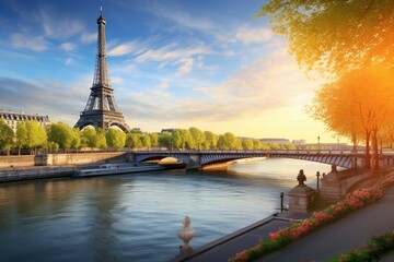 View of the Eiffel Tower and the River Seine at dawn in Paris, France. Spring landscape.