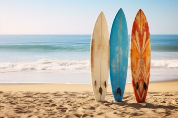Three surfboards stand on sandy beach against ocean waves backdrop