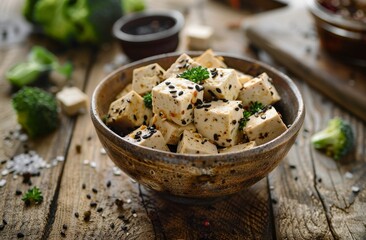 A bowl of cubed tofu in fresh sesame sauce