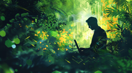 A businessman in a suit using a computer, surrounded by a lush forest, with abstract shapes and patterns subtly integrated into the realistic environment