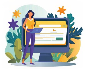 A woman stands in front of a computer monitor with a green and yellow background. The woman is wearing a yellow shirt and purple pants