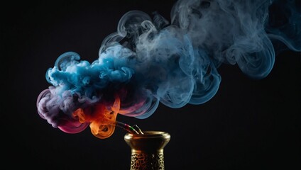 Colored smoke from hookah against black backdrop, abstract
