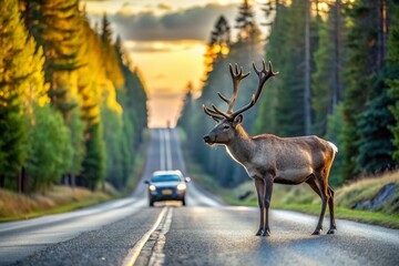 A traffic accident. The animal is a deer on the road near the forest in the early morning. Dangers on the road, wildlife and the car.