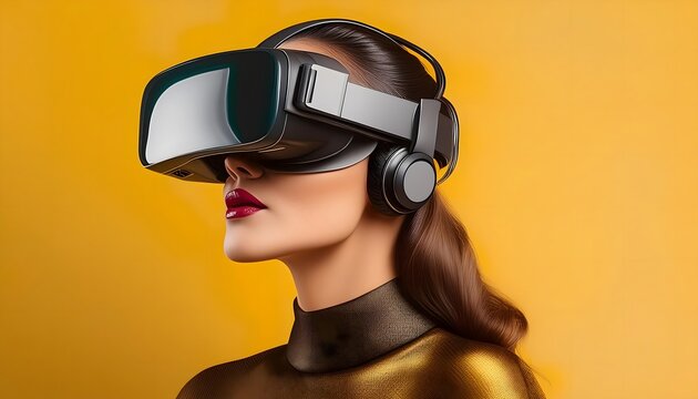Women wearing virtual reality headset and exploring digital environment
