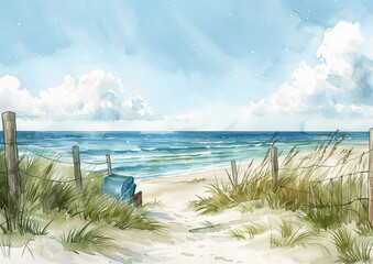 summer vacation beach, summer landscape, watercolor illustration