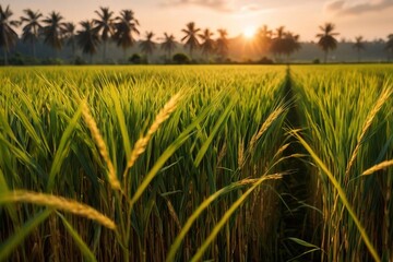 Padi field of rice crop, grain plants for crop in tropical farm