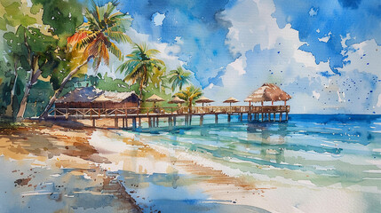 summer tropical paradise resort, pier, watercolor illustration