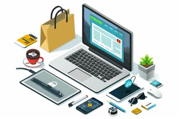 Group of people walking with shopping bags, digital shopping, and retail therapy concept, colorful vector illustration with diverse individuals