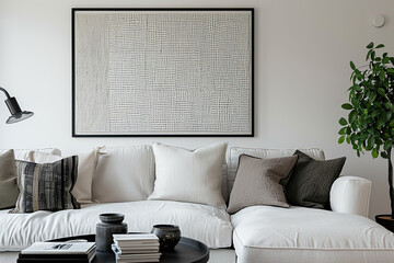 A large black frame is hung on the wall of an elegant living room, with a white sofa and grey pillows.The picture shows a frontal view of the entire space.It's an interior design in the American style