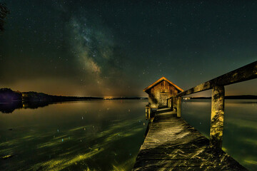 Beautiful milky way sky above a wooden hut over Lake Ammersee, Bavaria, Germany