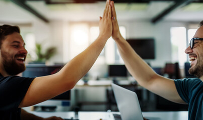 Happy male colleagues doing high-five in corporate office