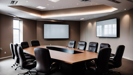 A professional conference room setting with a long table, comfortable chairs, and a large screen or whiteboard in the background. Neutral wall colors, polished table, and modern office chairs.