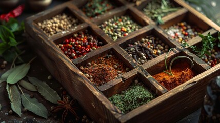 Fototapeta premium Assortment of spices and herbs in a wooden box, close-up view highlighting textures and colors, perfect for culinary advertising