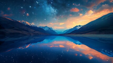 Tranquil Night: Majestic Starry Sky Reflecting in Serene Waters - A Captivating Moment of Peace and Wonder (Image: 0513C