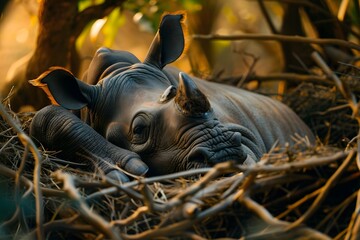 a rhino is sleeping in a nest - Powered by Adobe