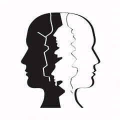 Abstract illustration of bipolar disorder with silhouetted faces in contrasting black and white, representing mental health and emotional duality.