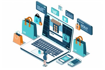 Online shopping with bags and digital elements on a laptop, illustrating the blend of e commerce and cybersecurity