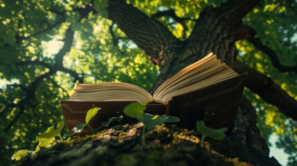 An open book under a majestic tree, close-up shot, symbolizing the deep connection and growth of knowledge, rich green leaves and sturdy trunk