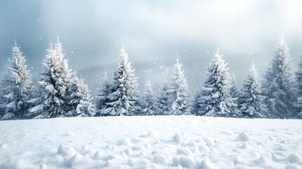 Fototapeta premium Winter snow covered forest background banner copy space area. Happy new year and Merry Christmas 